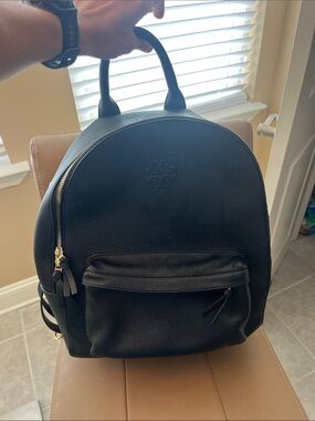 Tory Burch Black Pebbled Leather Zip Backpack